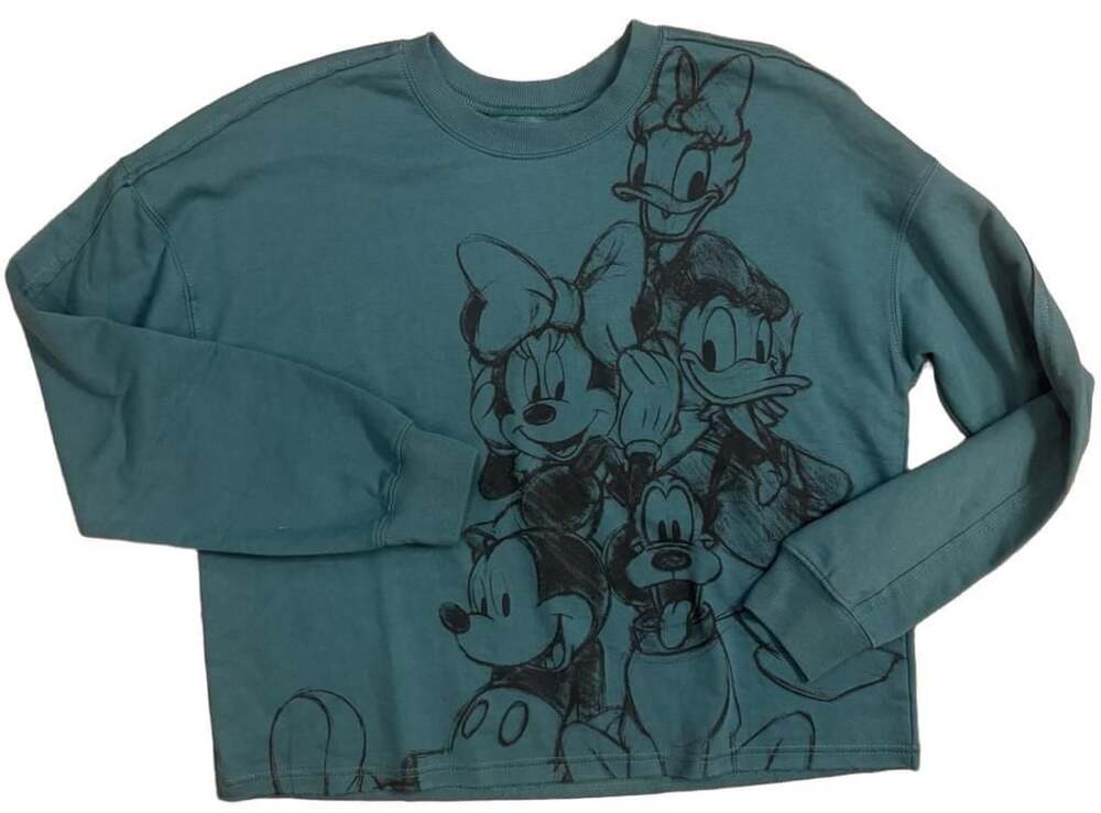 Disney Mickey And Friends Green Teal Long Sleeve Light Cropped Sweater